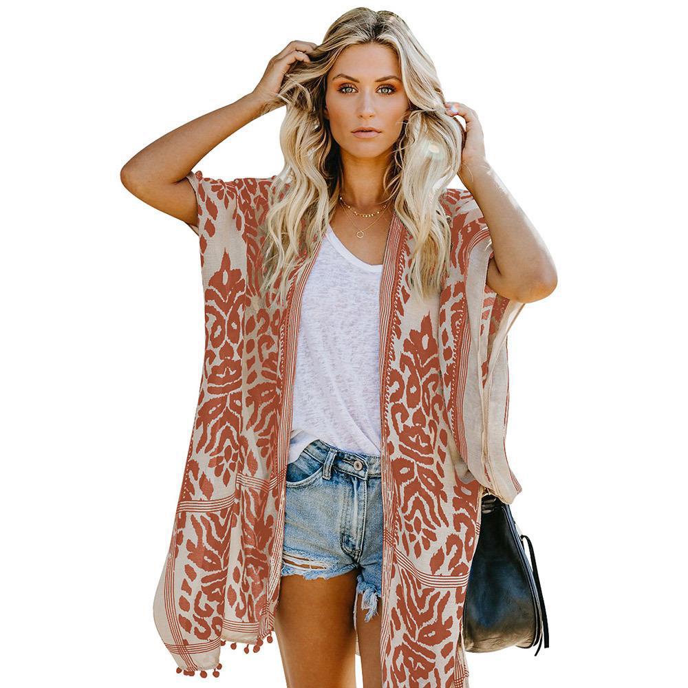 Damen Luftige Kimono-Cardigan mit aufwändigem Muster und fransenbesetzten Saum Krohn-e