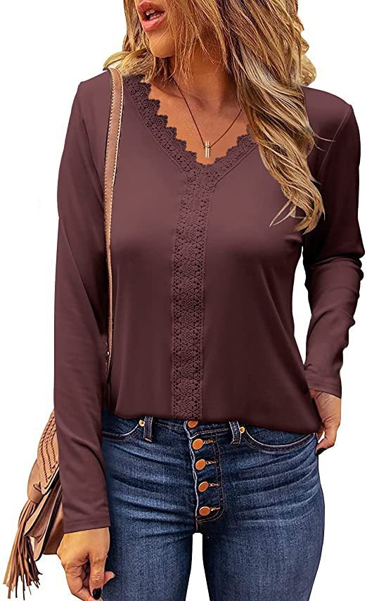 Damen elegantes V-Ausschnitt Longsleeve-Shirt mit Spitzenbesatz Krohn-e