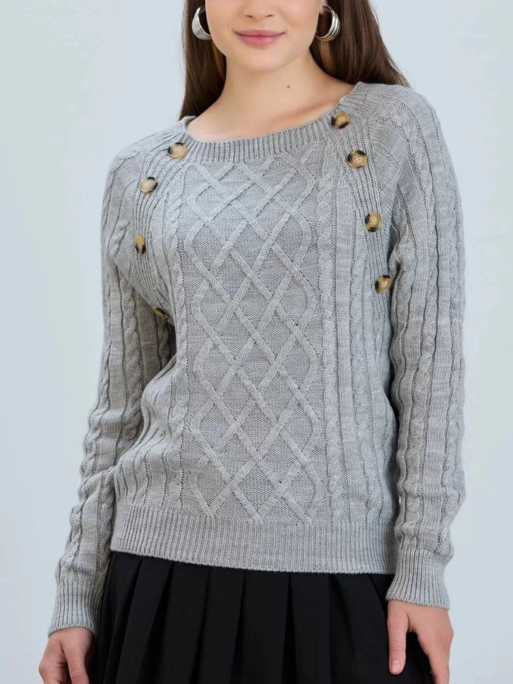 Damen Strickpullover mit klassischem Rautenmuster und dekorativen Knöpfen Krohn-e