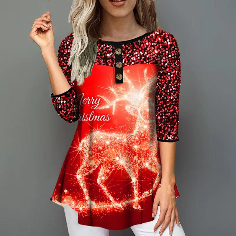 Fudus Festlicher Weihnachtsdruck: Lockerer Rundhals-Tee