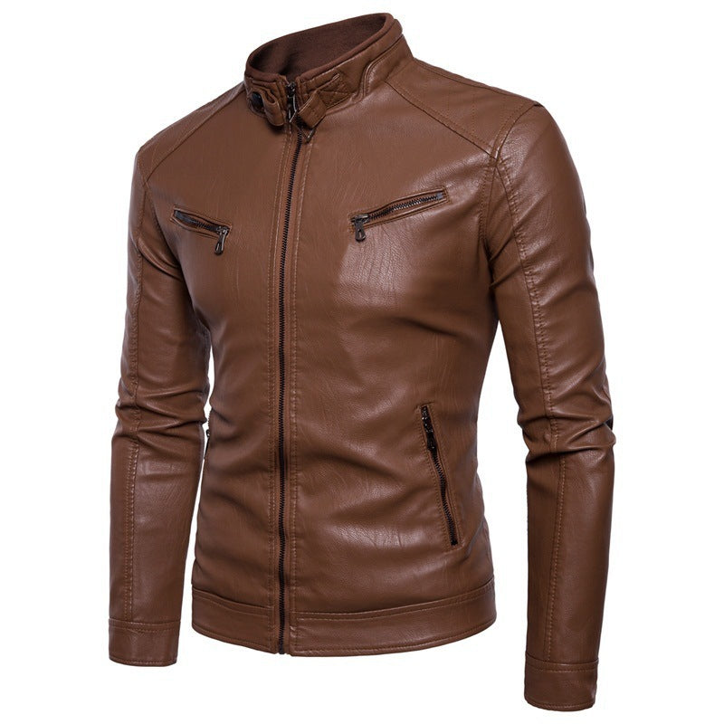 Herren elegante Kunstleder-Motorradjacke mit Stehkragen Krohn-e