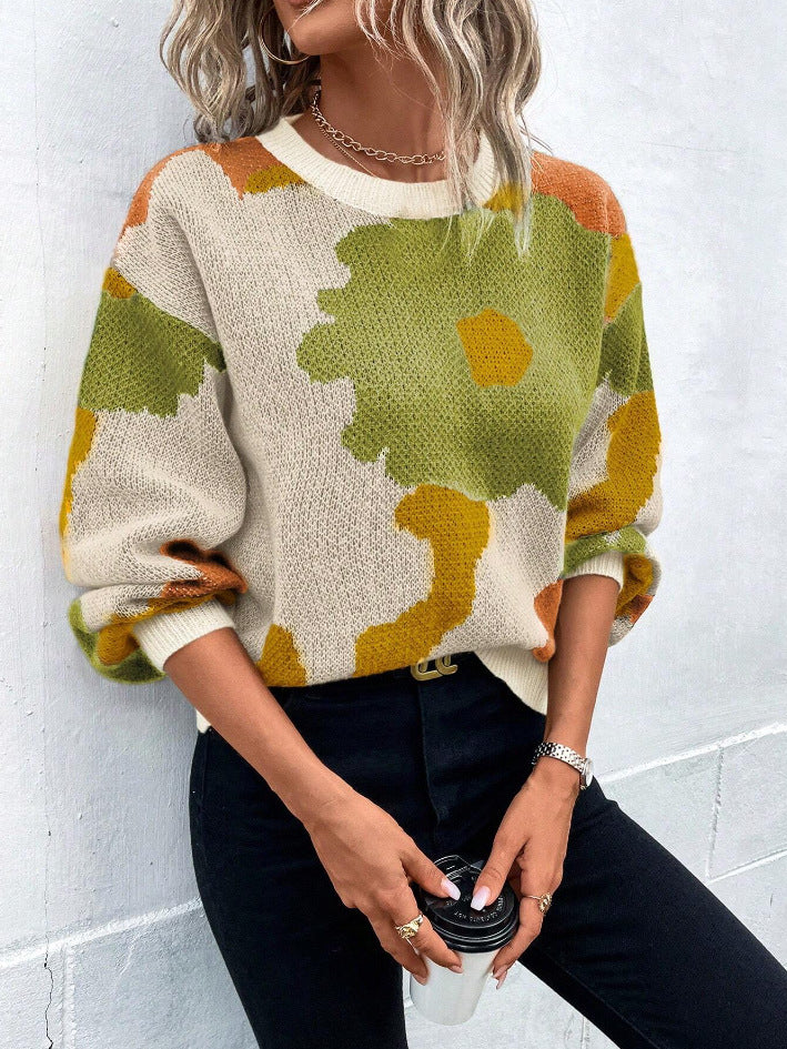 Krohn-e | Pullover Pullover Strickstoff Lockere Passform Rundhals Ballonärmel Gemustert