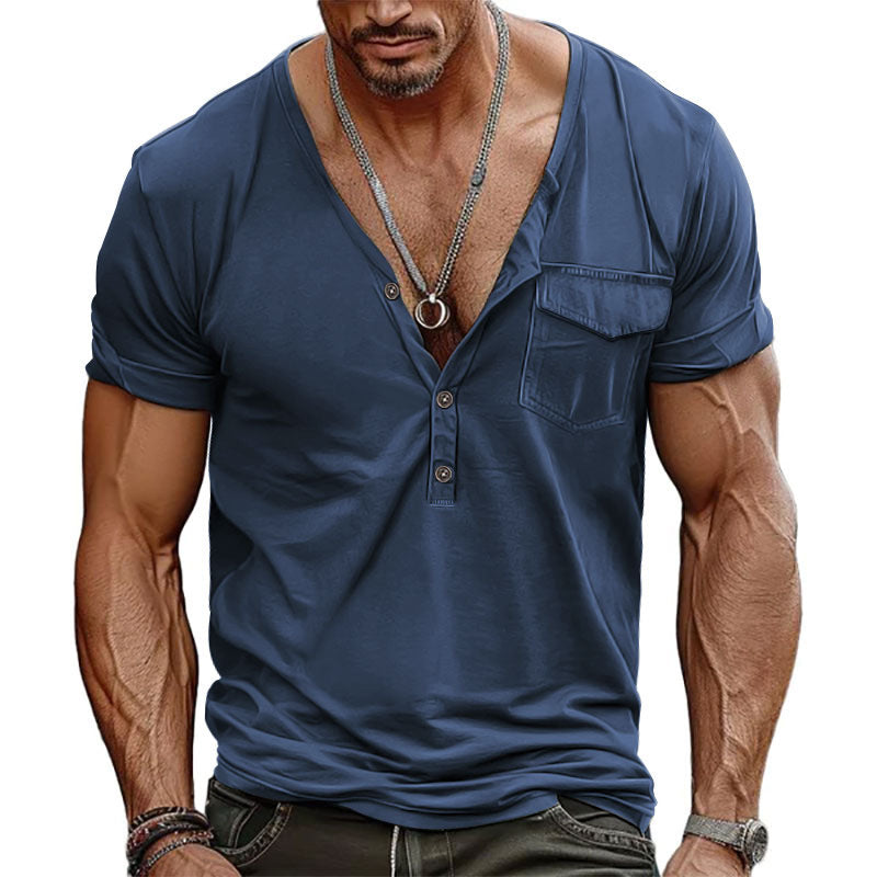 Herren Kurzarm-Henley-T-Shirt mit dekorativer Brusttasche und modernem Schnitt Krohn-e