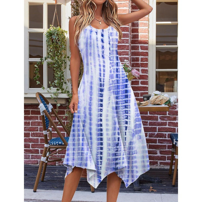 Elegantes Fudus Kleid mit modischem Print, ärmellos und asymmetrischem Saum