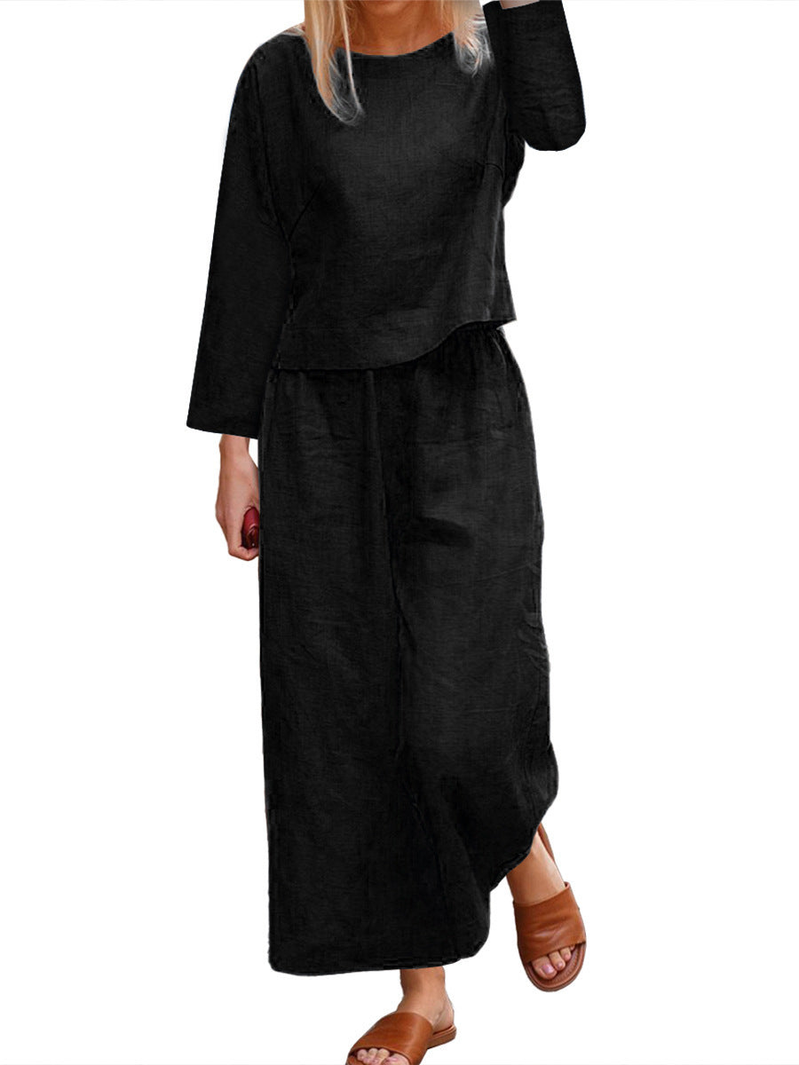 Damen lässiges Leinen-Langarm-Set mit weiten Hosen Krohn-e