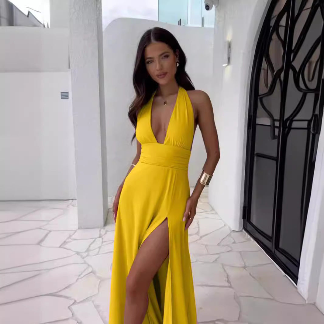 Damen Maxikleid mit tiefem V-Ausschnitt und elegantem Schlitz Krohn-e