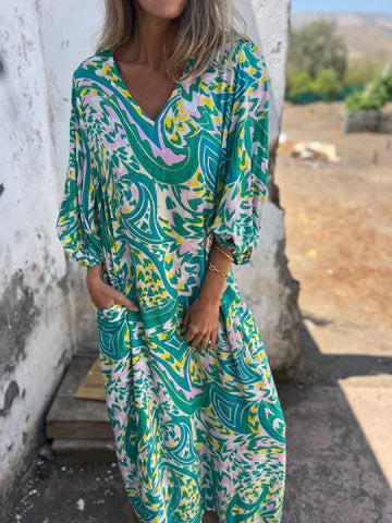 Elegantes Damenkleid mit Print, V-Ausschnitt, für Frühling und Sommer von Fudus