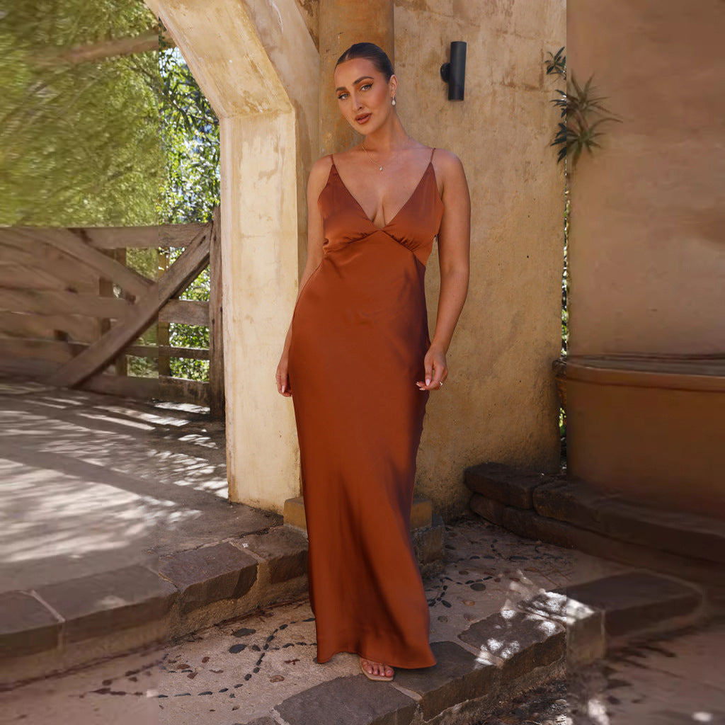 Damen Satin Maxikleid mit eleganter V-Form und fließendem Schnitt Krohn-e