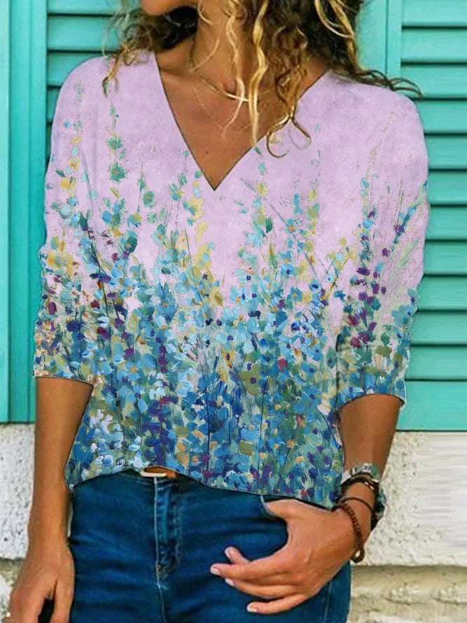 Fudus: Modern bedrucktes V-Ausschnitt Langarm-Shirt