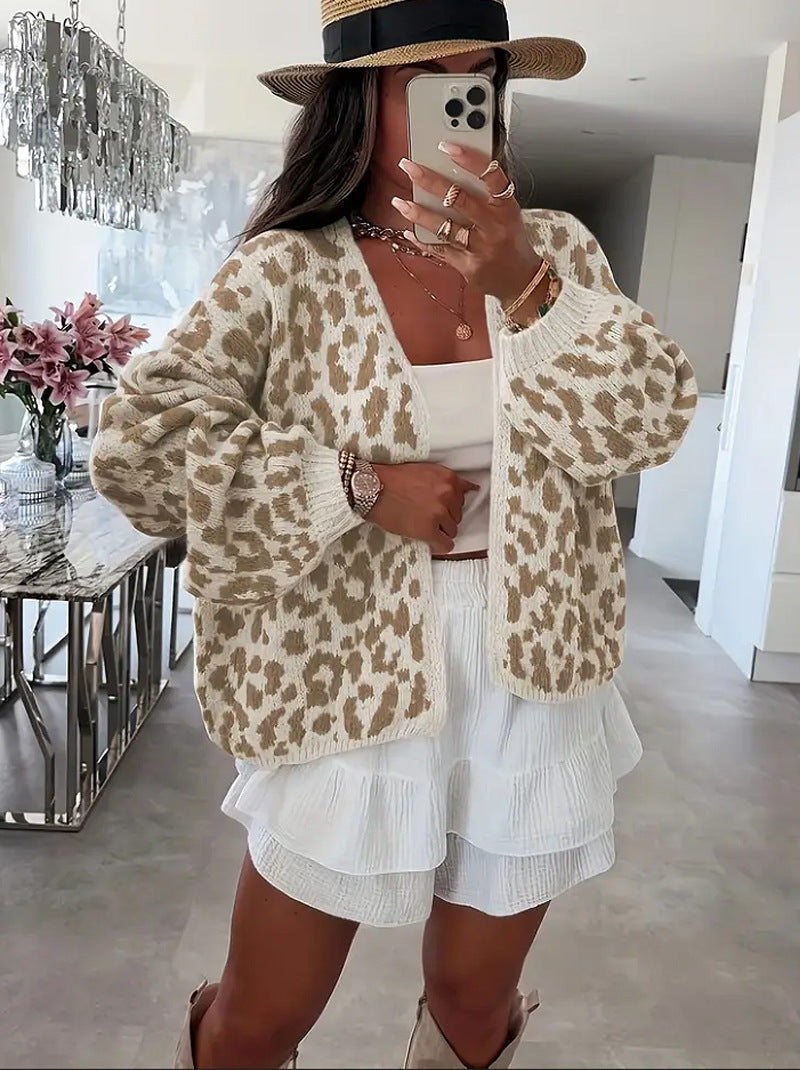 Damen lässiger Strickcardigan mit elegantem Leopardenmuster Krohn-e