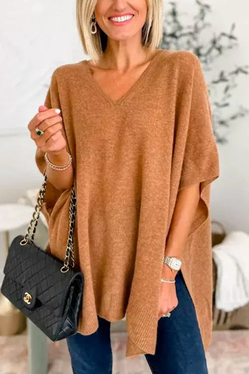 Damen lässiger Strickponcho mit V-Ausschnitt und überschnittenen Ärmeln Krohn-e