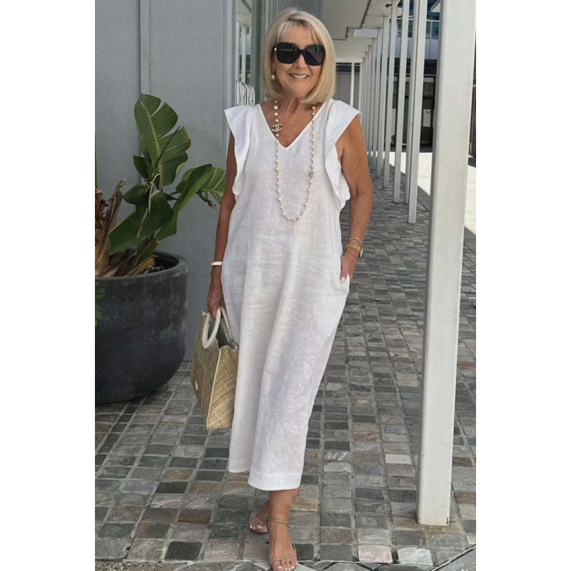 Elegant Fudus Cotton-Linen Dress with Flutter Sleeves and Back Tie