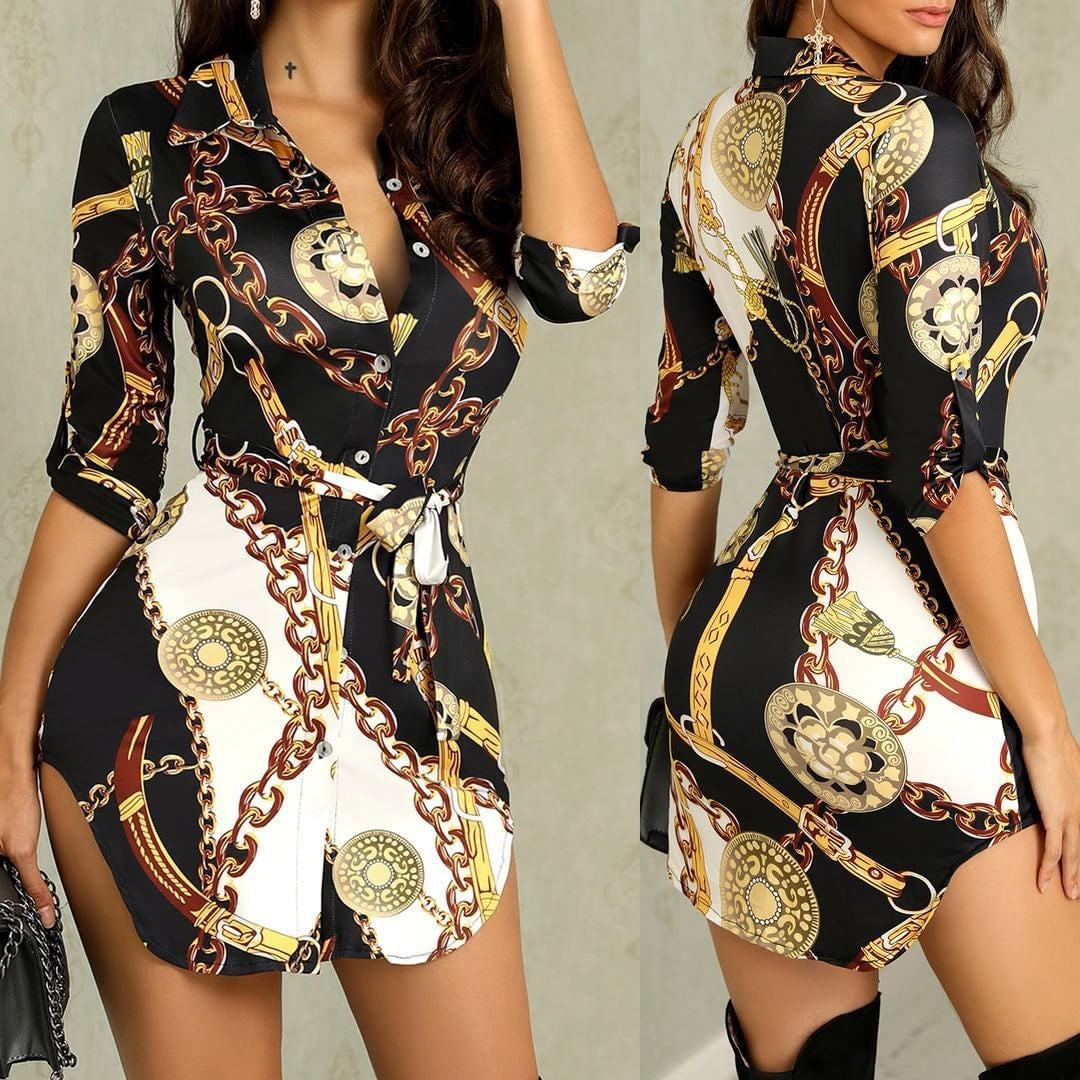 Fudus Elegantes Goldkettchen-Midikleid mit Druck