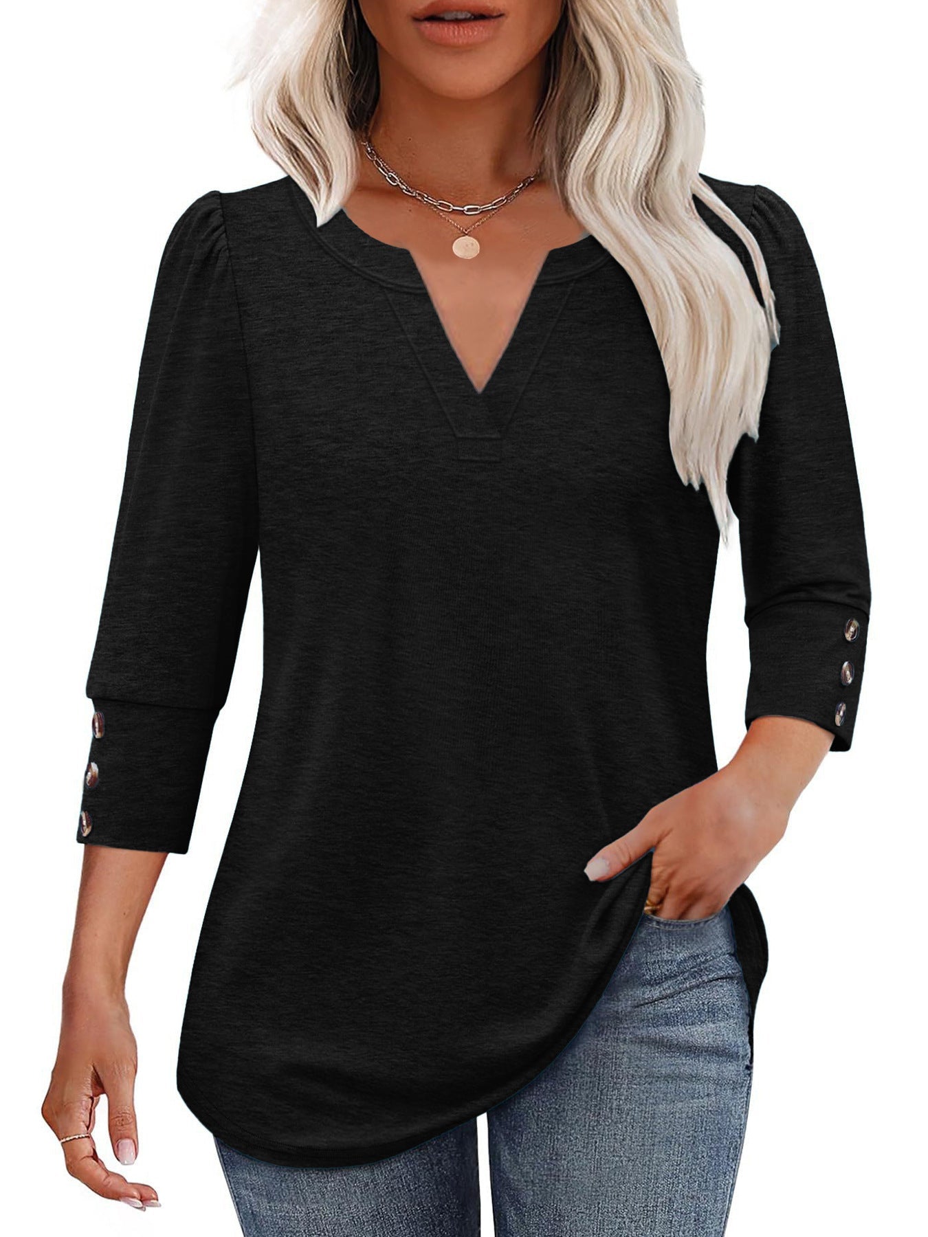 Damen V-Ausschnitt Bluse mit dekorativen Knopfdetails Krohn-e