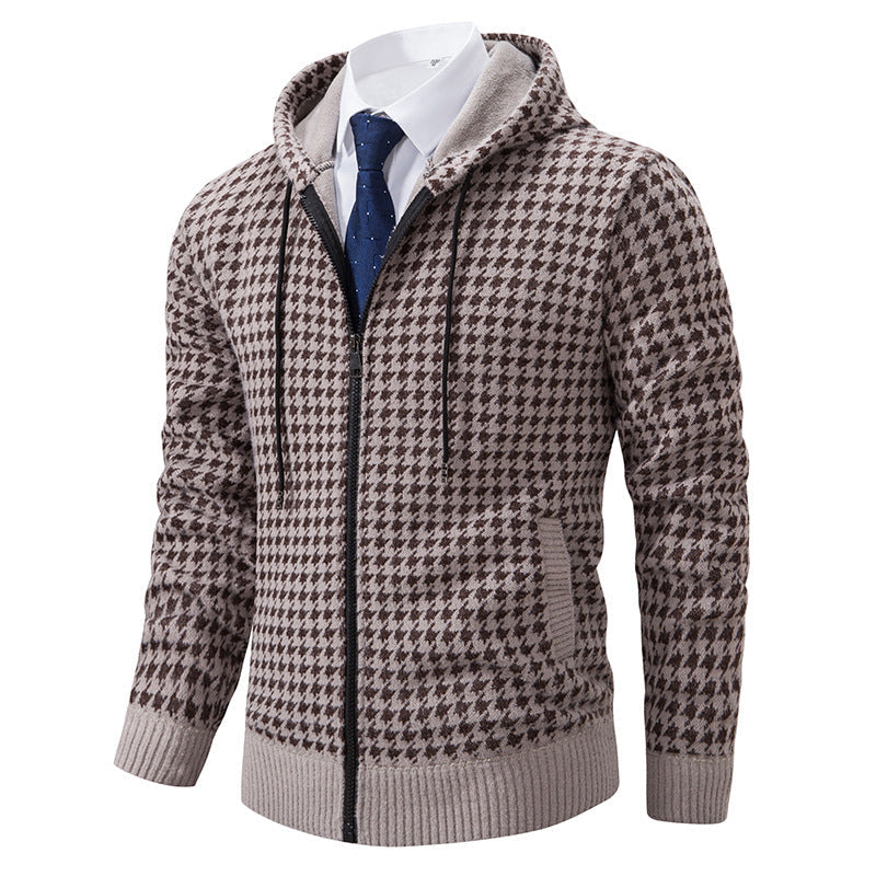 Herren gemütlicher Strickpullover mit modernem Karomuster und Kapuze Krohn-e
