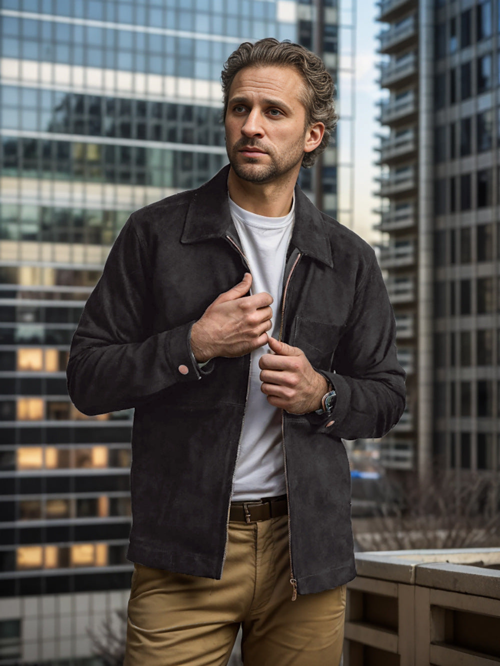 Herren schicke und lässige Wildlederjacke mit Stehkragen Krohn-e