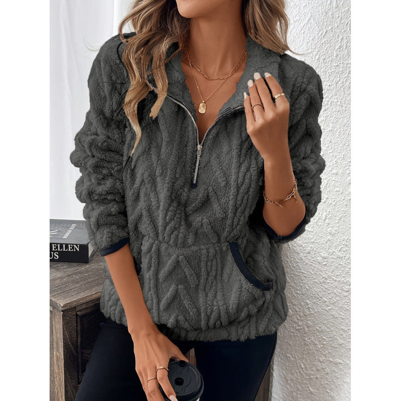 Damen flauschiger Teddy-Pullover mit halbem Reißverschluss und hohen Kragen Krohn-e