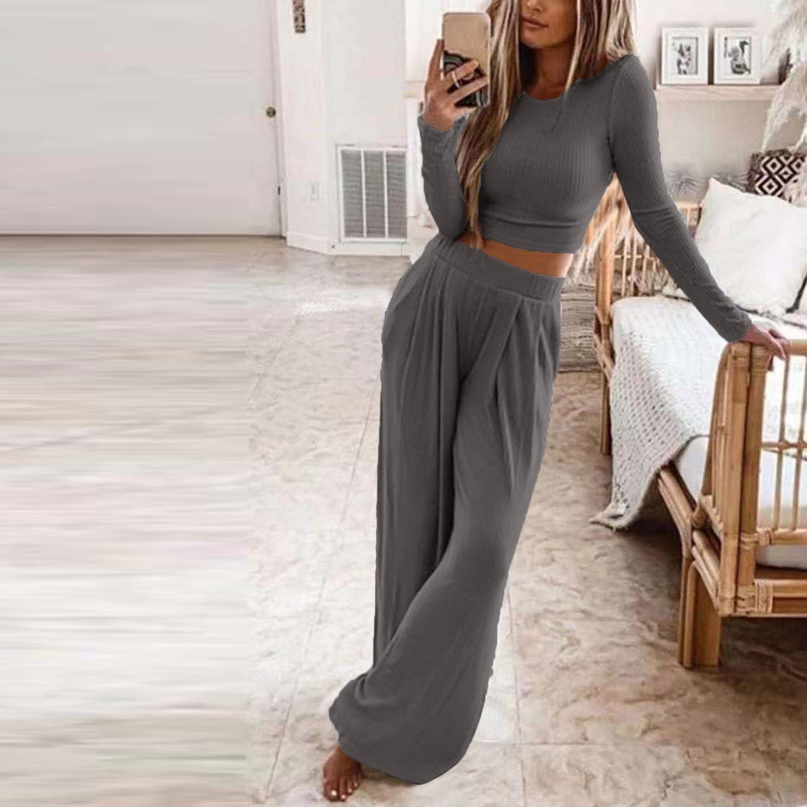 Damen Elegantes Lounge-Set mit langärmeligem Oberteil und weiten Hosen Krohn-e