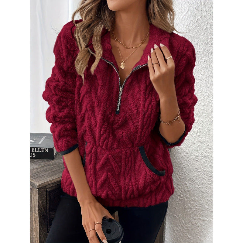 Damen flauschiger Teddy-Pullover mit halbem Reißverschluss und hohen Kragen Krohn-e