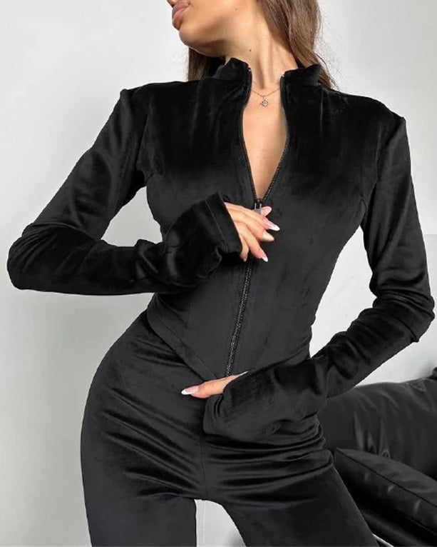 Krohn-e | Mode Wildleder Enganliegende Strickjacke und Elastische Hose Zweiteiler Satz