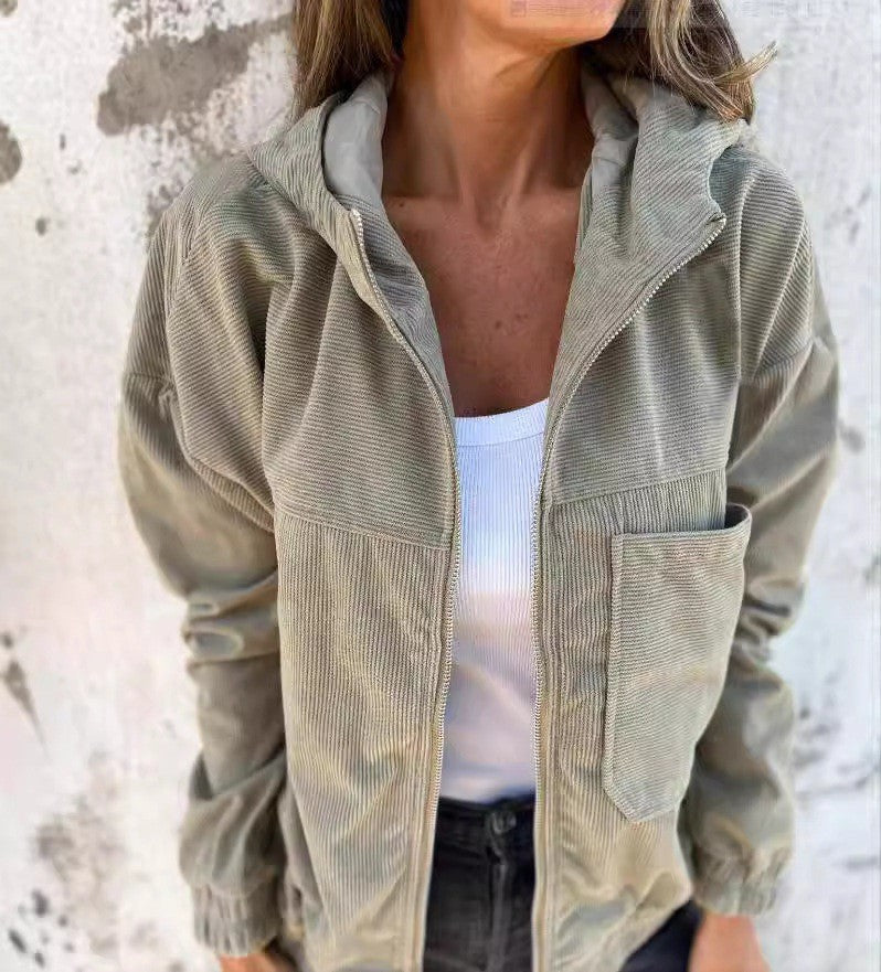 Damen lässige Cordjacke mit praktischen Taschen und elegantem Reißverschluss Krohn-e