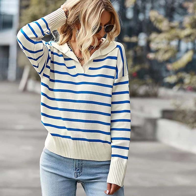 Krohn-e | Pullover - Damen Winter Kragen Gestreifter Strickpullover