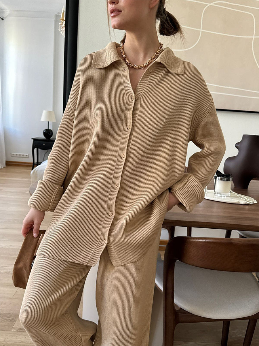 Krohn-e | Einreihige Gerippte Strickjacke und Lockere Hosen Satz