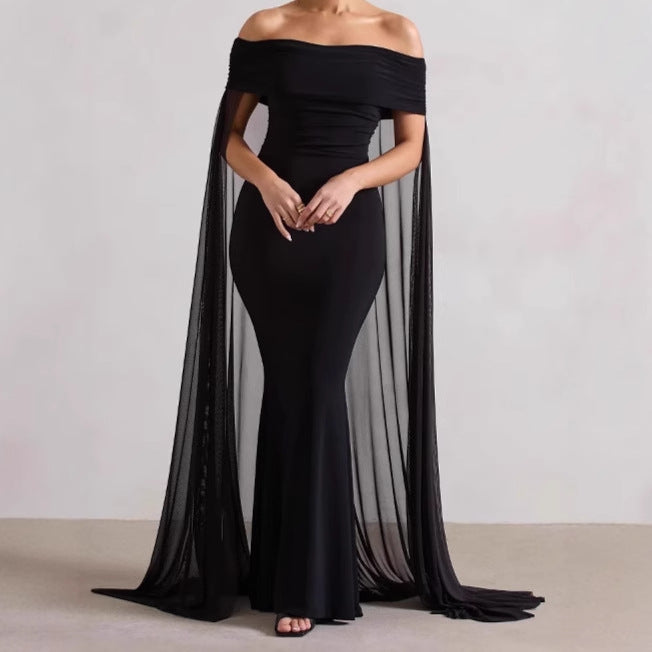 Damen Elegantes Off-Shoulder Abendkleid mit fließendem Transparenz-Cape und figurumspielendem Schnitt Krohn-e
