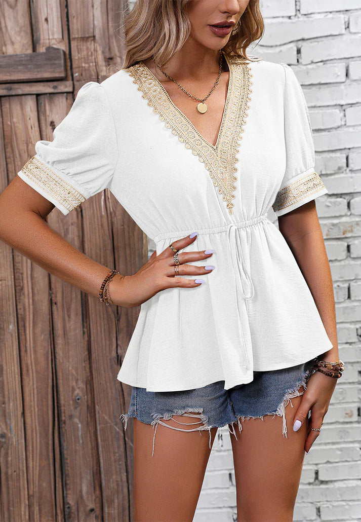 Fudus: schickes Kurzarm-Spitzen-T-Shirt mit V-Ausschnitt für den Sommer