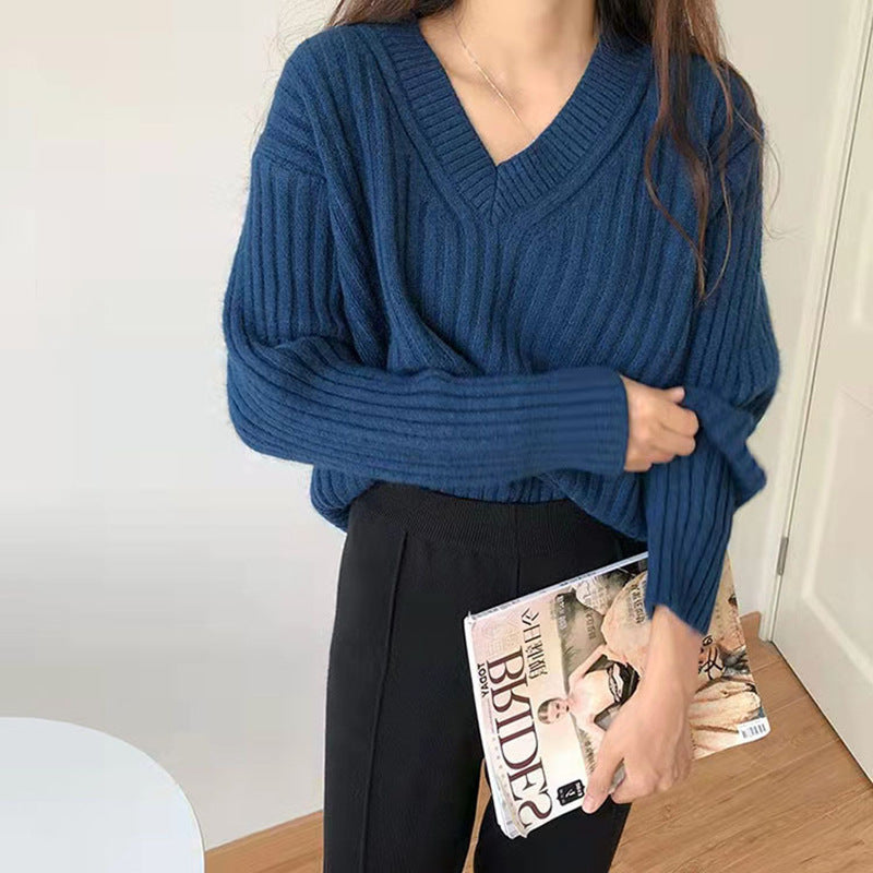 Damen Viskose-Strickpullover mit V-Ausschnitt und geripptem Design Krohn-e