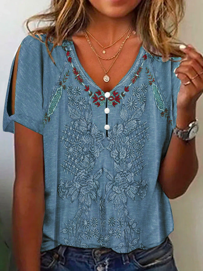 Damen Kurzarmbluse mit floralen Stickereien und Knopfdetails Krohn-e