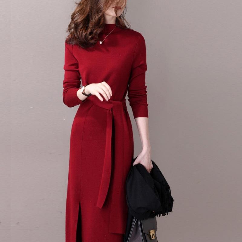 Damen Elegantes Strickkleid mit seitlichem Schlitz und tailliertem Gürtel Krohn-e