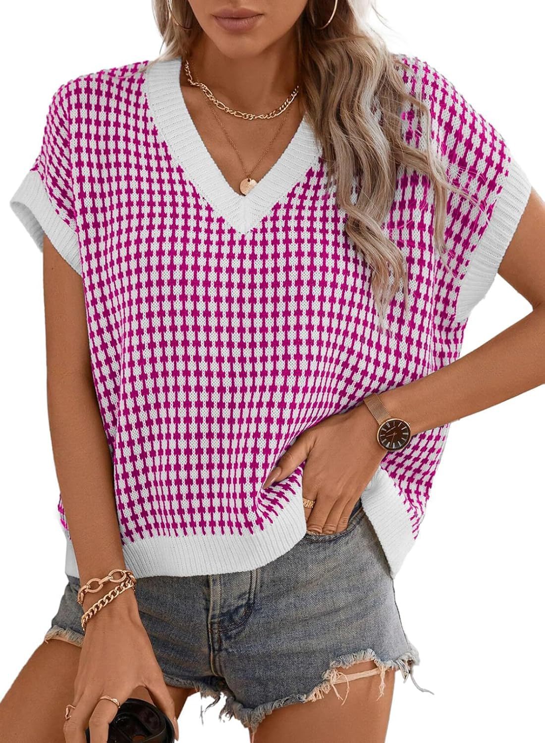 Damen lässiger V-Ausschnitt Pullover mit geometrischem Muster Krohn-e