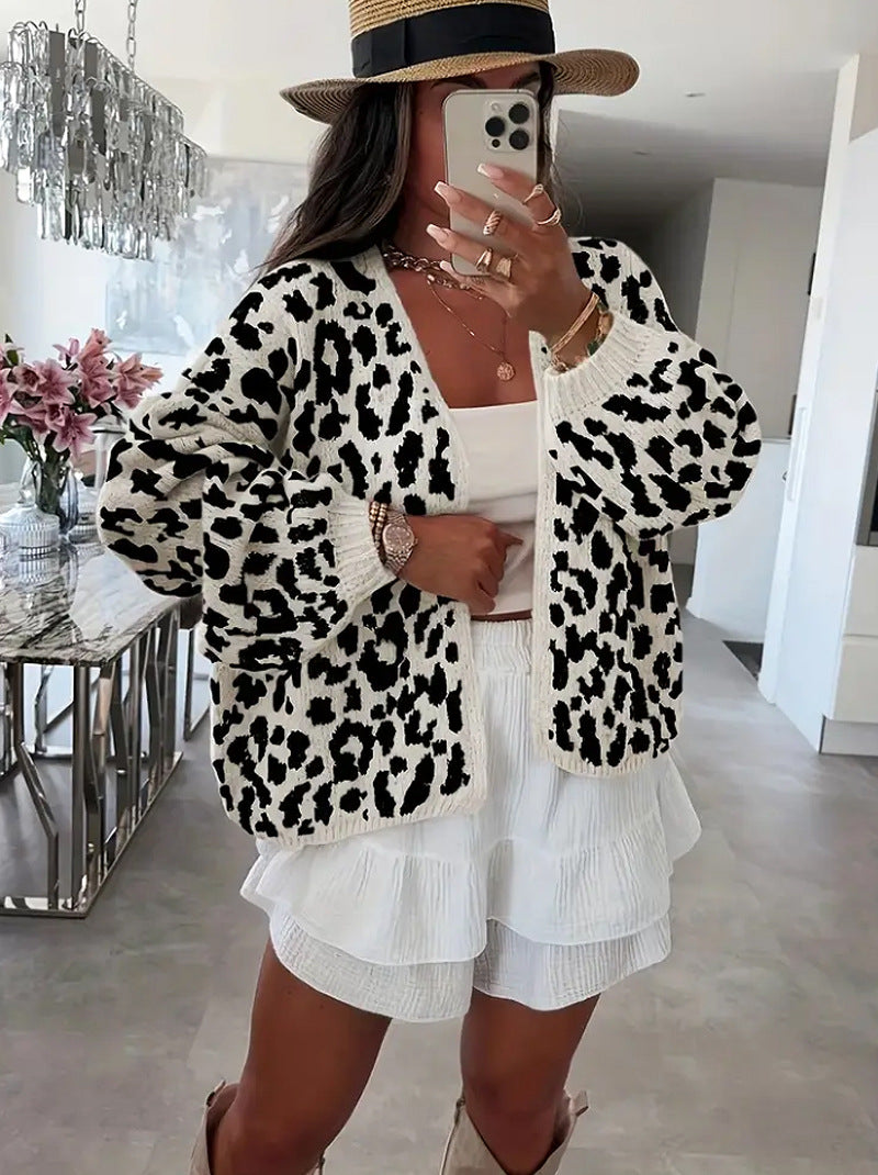 Damen lässiger Strickcardigan mit elegantem Leopardenmuster Krohn-e