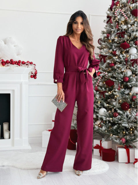 Damen Eleganter Jumpsuit mit taillierbarem Gürtel und V-Ausschnitt Krohn-e