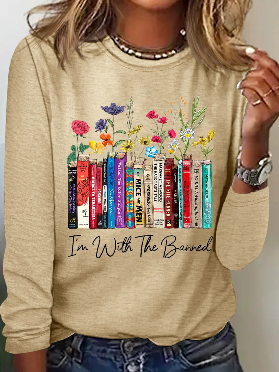 Damen Langarmshirt mit Bücher- und Blumenmotiv Krohn-e