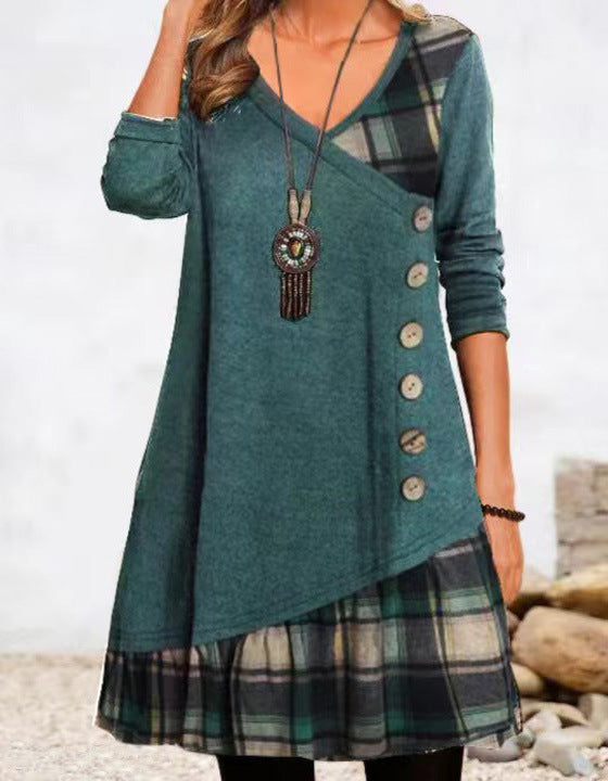 Damen-Langarm-Karierkleid mit Knopfleiste