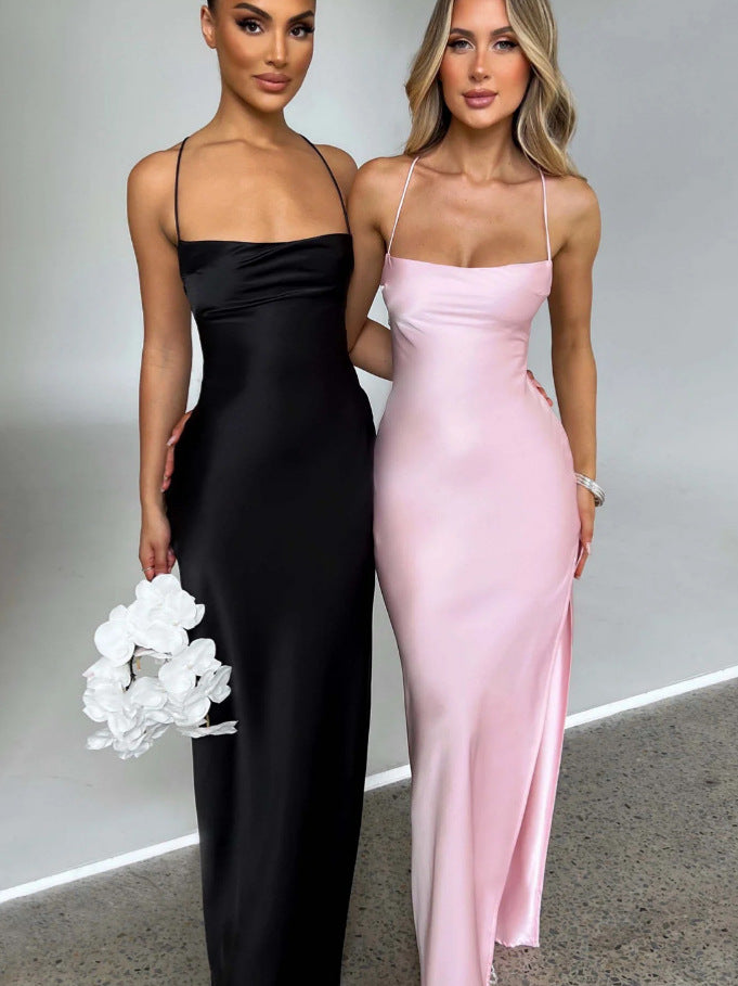 Damen Elegantes Maxikleid mit schmalen Spaghettiträgern und seitlichem Schlitz Krohn-e