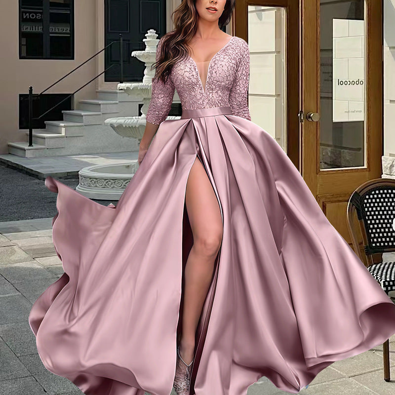 Damen Elegantes Abendkleid mit tiefem V-Ausschnitt und seitlichem Schlitz Krohn-e