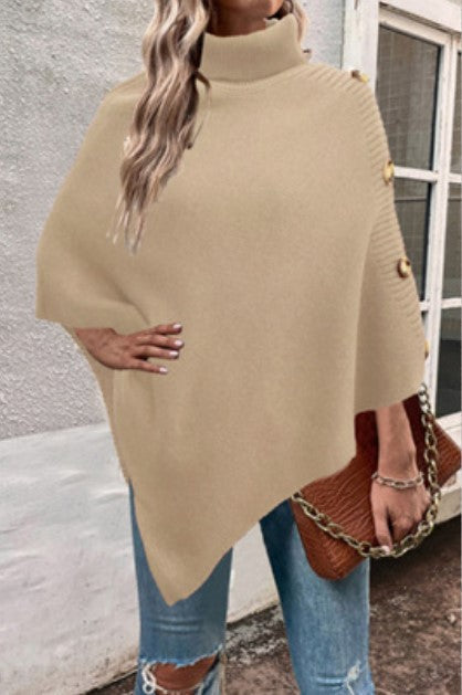Damen Strick-Poncho mit hohem Kragen und Knopfdetails Krohn-e