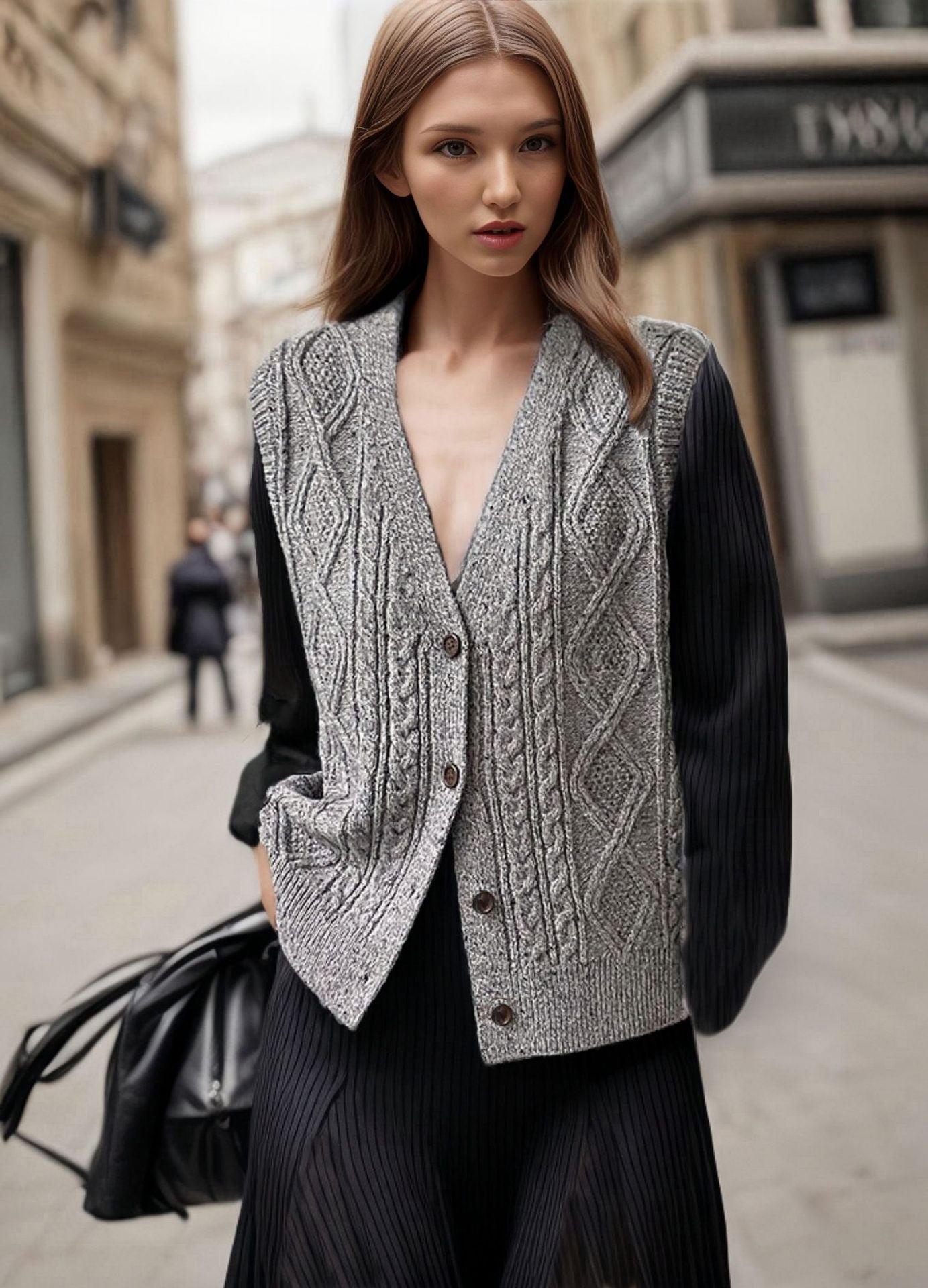 Damen Strickweste mit kunstvollem Zopfmuster und Knopfdetails Krohn-e