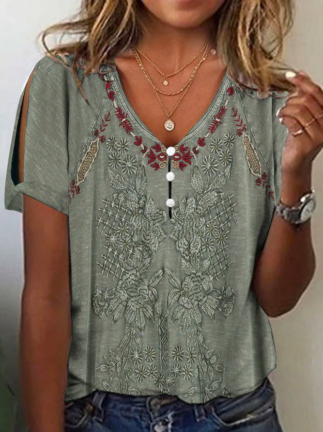 Damen Kurzarmbluse mit floralen Stickereien und Knopfdetails Krohn-e