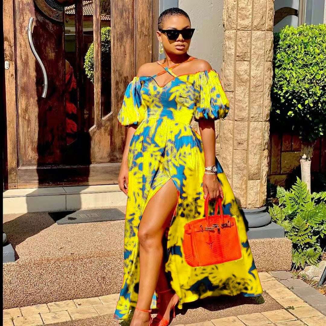 Fudus: Edles Maxikleid mit Schlitzsaum und V-Ausschnitt, off-shoulder