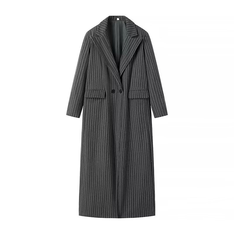 Damen eleganter gestreifter Langblazer mit doppelter Knopfleiste und seitlichen Taschen Krohn-e