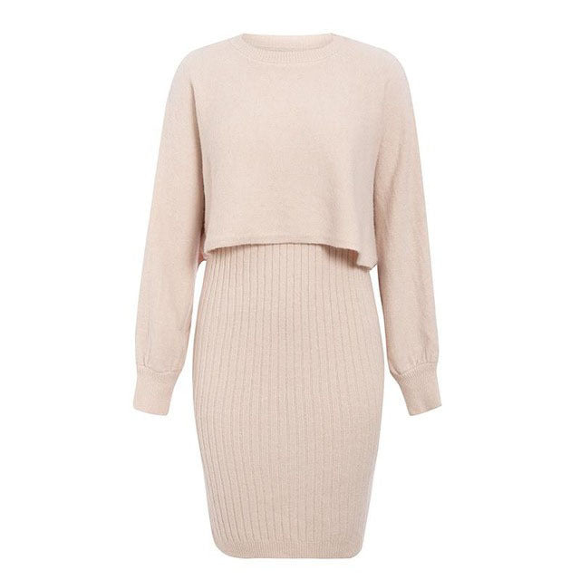 Damen gestricktes Midi-Kleid mit lässigem Cropped-Pullover-Oberteil und Rippenstruktur Krohn-e