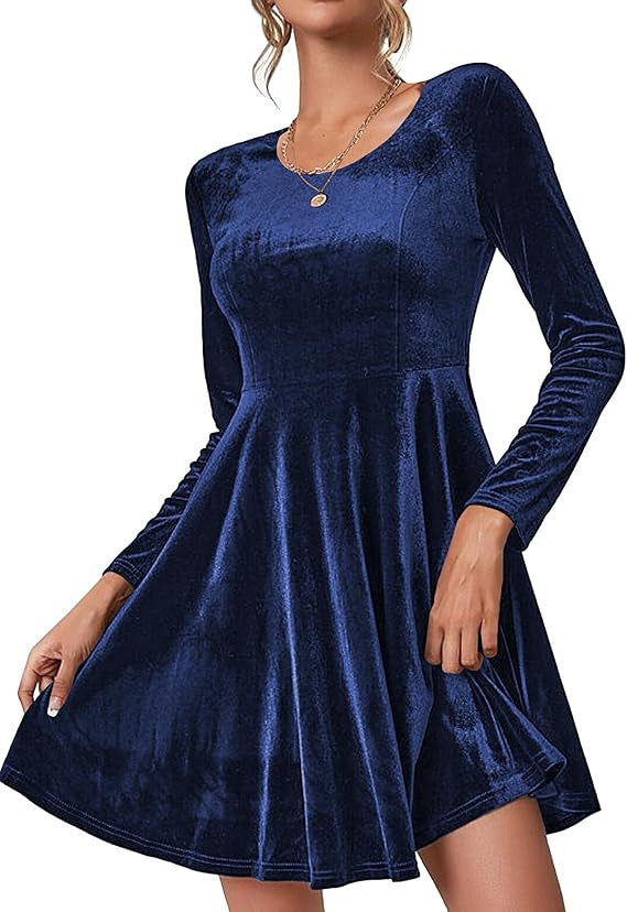 Damen Elegantes Samtkleid mit geschwungenem Saum und langen Ärmeln Krohn-e