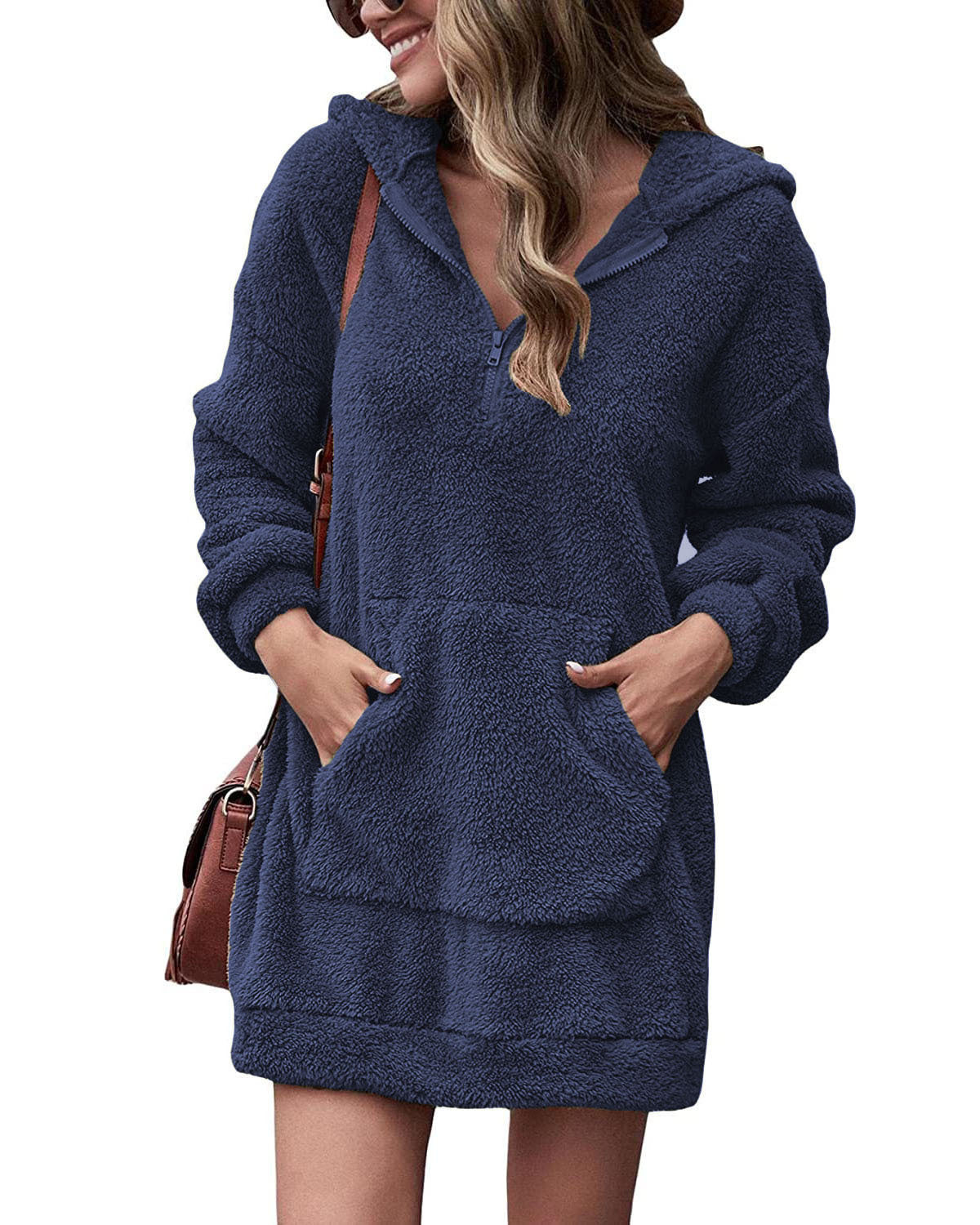 Damen Fleece-Kapuzenkleid mit Taschen und Reißverschluss Krohn-e