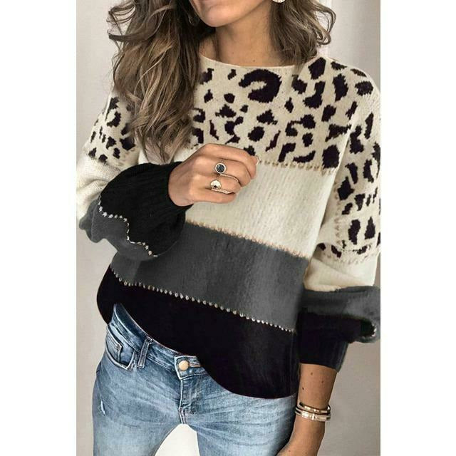 Krohn-e | Pullover - Damen Herbst Leopard Patchwork Strickpullover