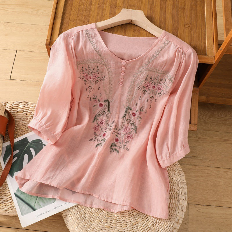 KROHN-E Damen Bluse Blumenstickerei Entspannte Passform Leicht