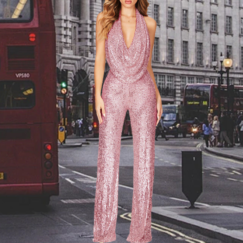 Damen Glitzerndes Jumpsuit mit tiefem V-Ausschnitt und weitem Bein Krohn-e